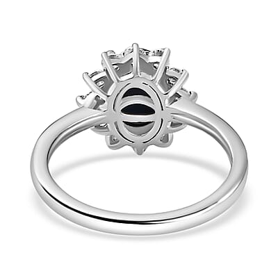 Blue Star Sapphire (DF) and Moissanite Halo Ring in Platinum Over Sterling Silver (Size 10.0) 2.60 ctw