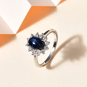 Blue Star Sapphire (DF) and Moissanite Halo Ring in Platinum Over Sterling Silver (Size 6.0) 2.60 ctw