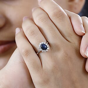 Blue Star Sapphire (DF) and Moissanite Halo Ring in Platinum Over Sterling Silver (Size 6.0) 2.60 ctw