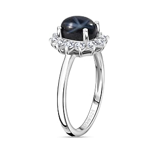 Blue Star Sapphire (DF) and Moissanite Halo Ring in Platinum Over Sterling Silver (Size 6.0) 2.60 ctw