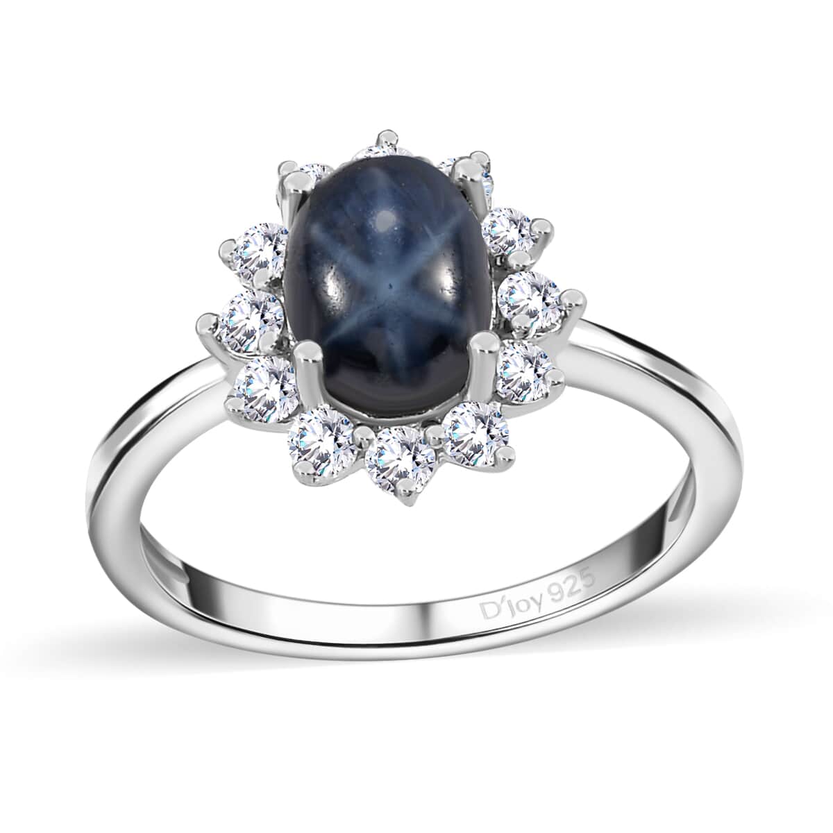 Blue Star Sapphire (DF) and Moissanite Halo Ring in Platinum Over Sterling Silver (Size 8.0) 2.60 ctw image number 0