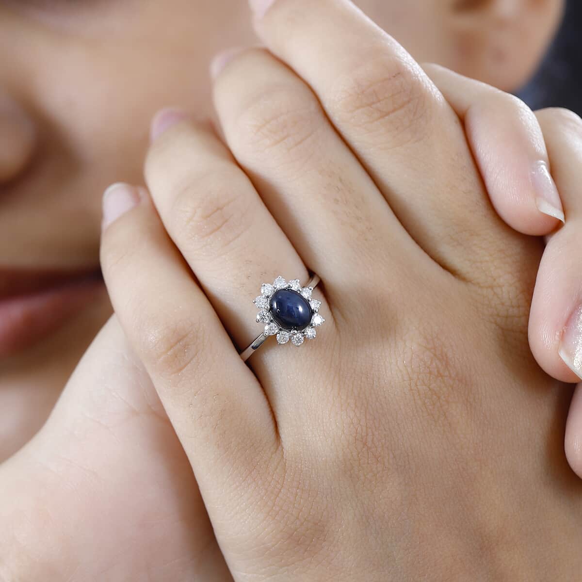 Blue Star Sapphire (DF) and Moissanite Halo Ring in Platinum Over Sterling Silver (Size 8.0) 2.60 ctw image number 2