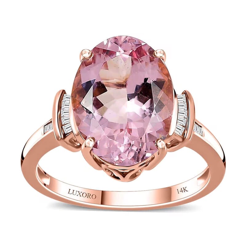 Luxoro 14K Rose Gold AAA Pink Morganite and G-H I2 Diamond Ring (Size 10.0) 5.80 ctw