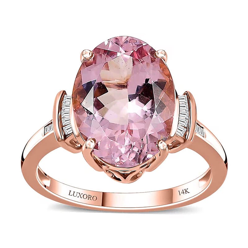 Luxoro 14K Rose Gold AAA Pink Morganite and G-H I2 Diamond Ring (Size 11.0) 5.80 ctw