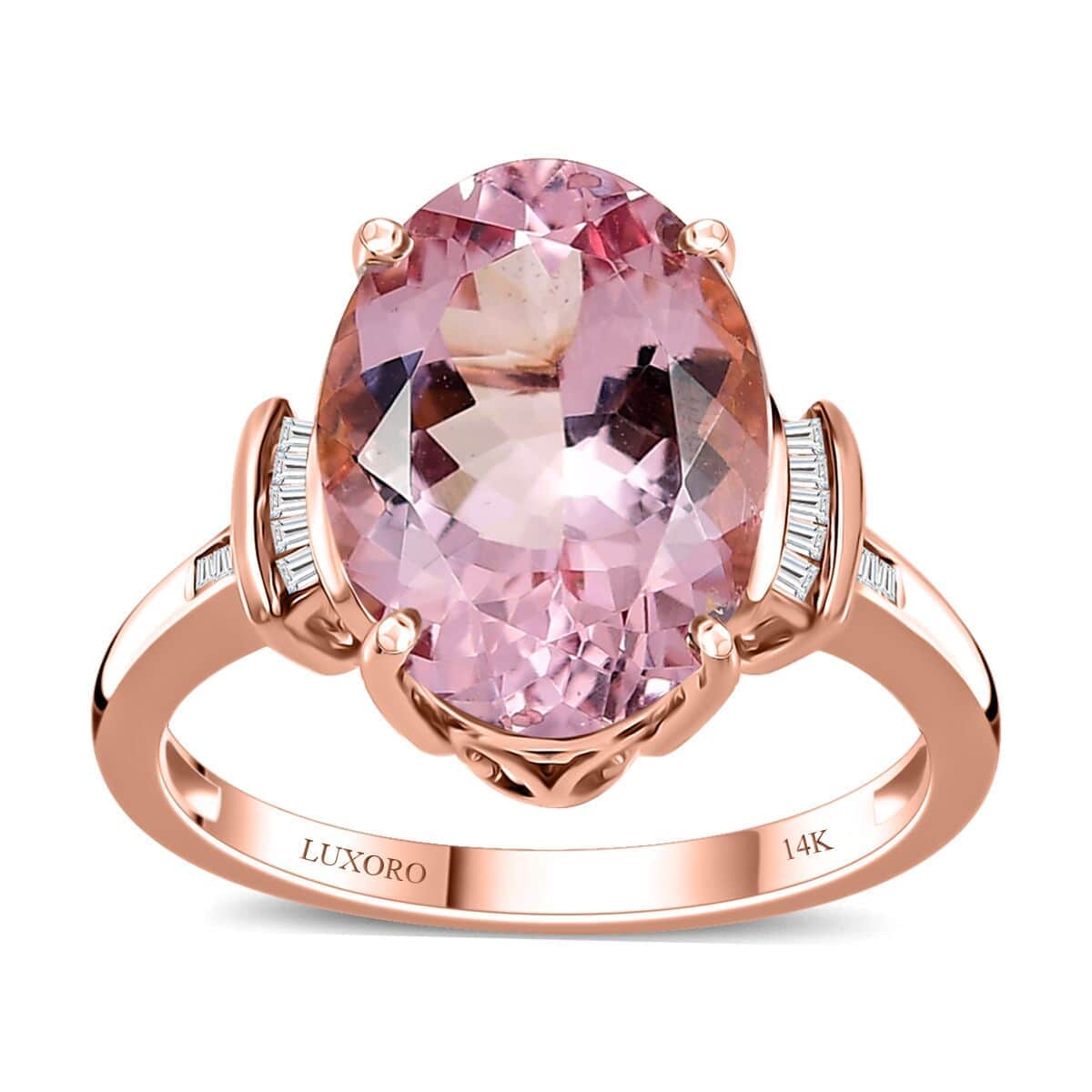 Luxoro 14K Rose Gold AAA Pink Morganite and G-H I2 Diamond Ring (Size 5.5) 5.80 ctw image number 0