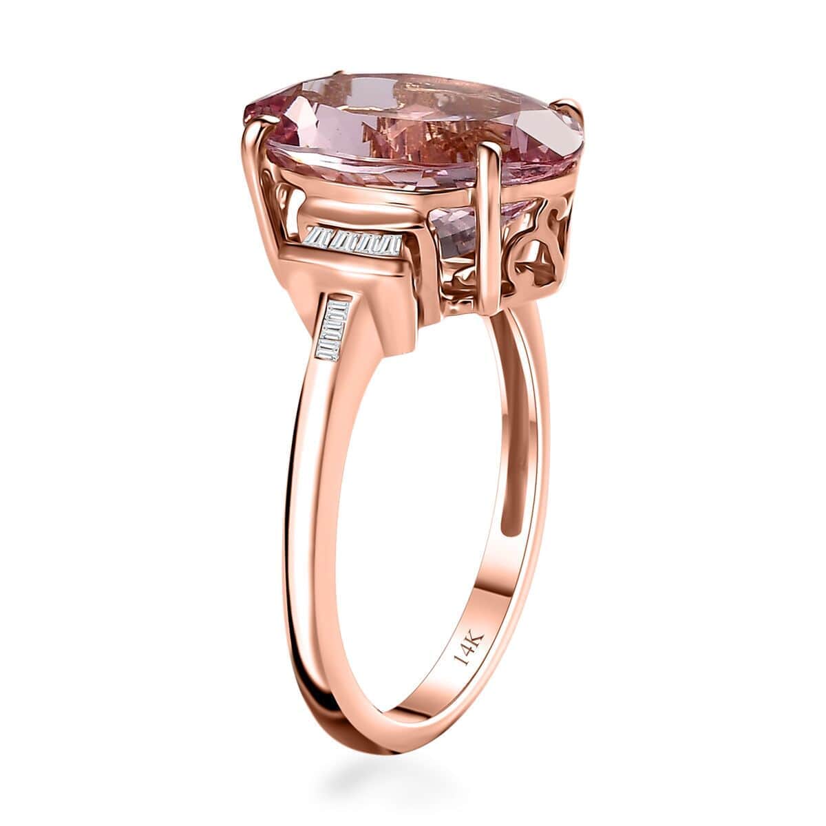 Luxoro 14K Rose Gold AAA Pink Morganite and G-H I2 Diamond Ring (Size 5.5) 5.80 ctw image number 3