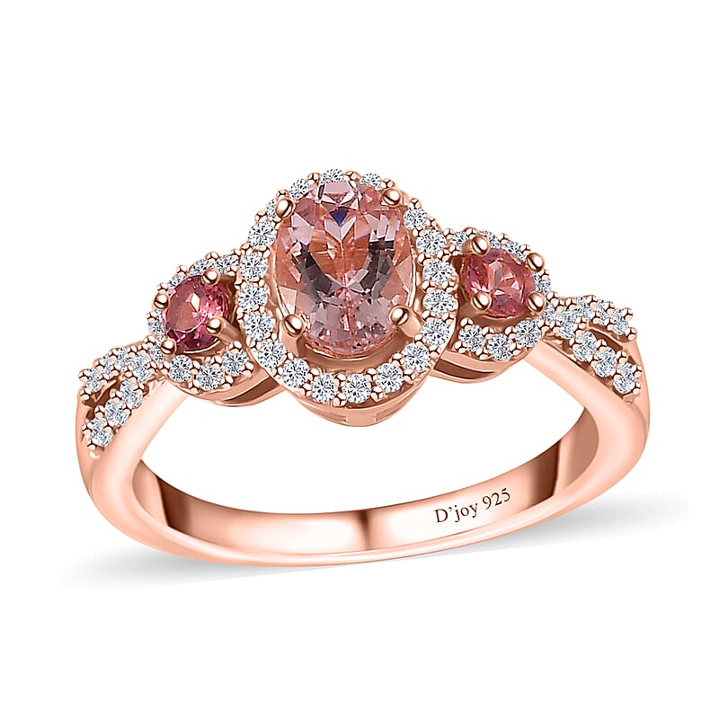 Premium Pink Morganite and Multi Gemstone Trilogy Halo Ring in Vermeil Rose Gold Over Sterling Silver (Size 10.0) 1.30 ctw