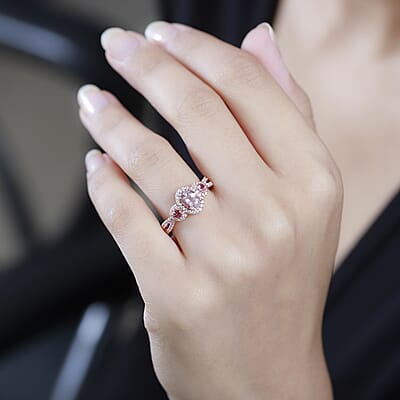 Premium Pink Morganite and Multi Gemstone Trilogy Halo Ring in Vermeil Rose Gold Over Sterling Silver (Size 10.0) 1.30 ctw