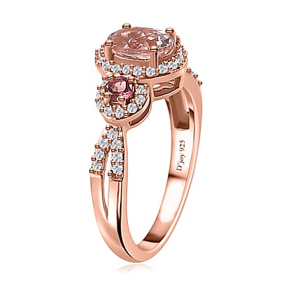 Premium Pink Morganite and Multi Gemstone Trilogy Halo Ring in Vermeil Rose Gold Over Sterling Silver (Size 10.0) 1.30 ctw