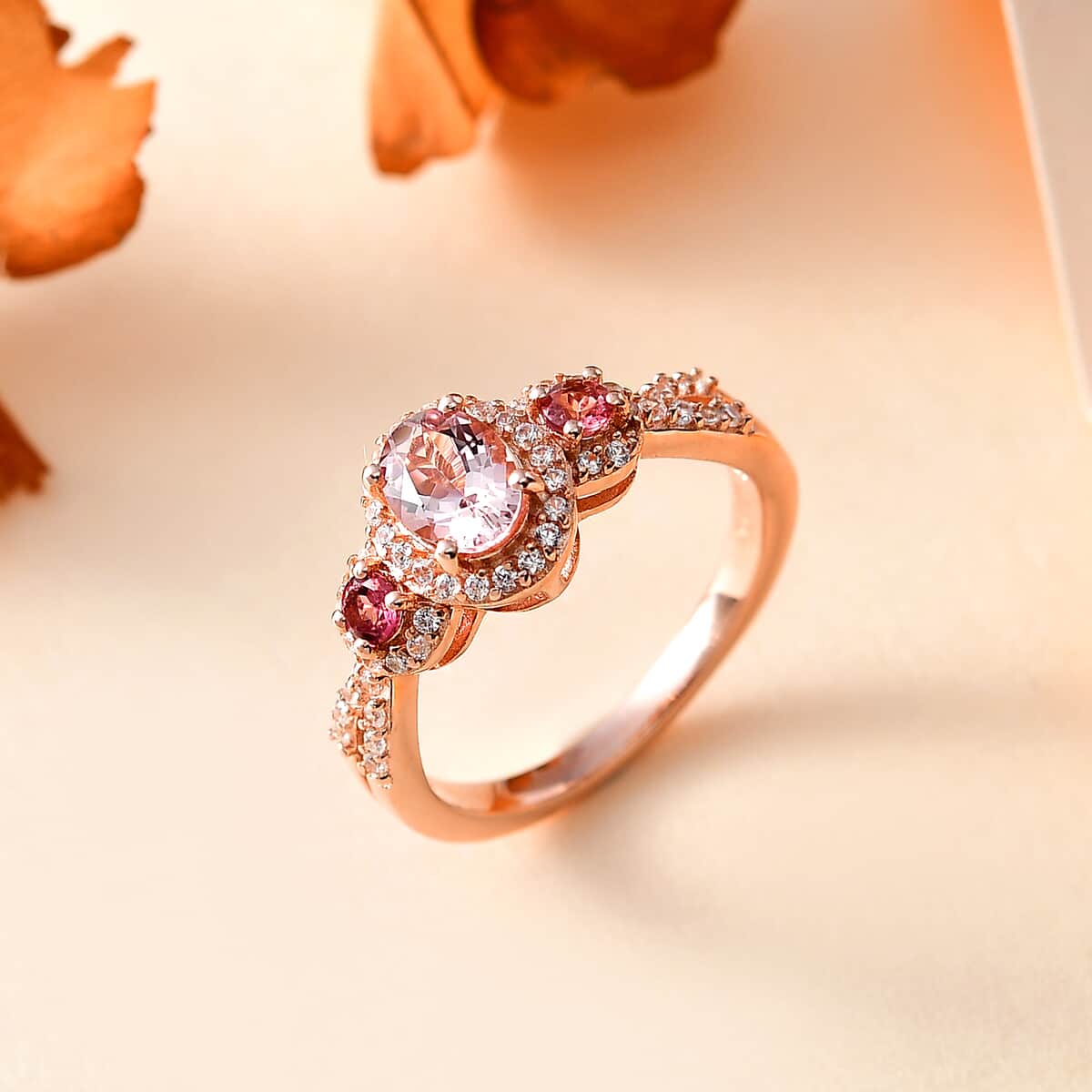 Premium Pink Morganite and Multi Gemstone Trilogy Halo Ring in Vermeil Rose Gold Over Sterling Silver (Size 7.0) 1.30 ctw image number 1