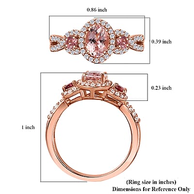 Premium Pink Morganite and Multi Gemstone Trilogy Halo Ring in Vermeil Rose Gold Over Sterling Silver (Size 7.0) 1.30 ctw