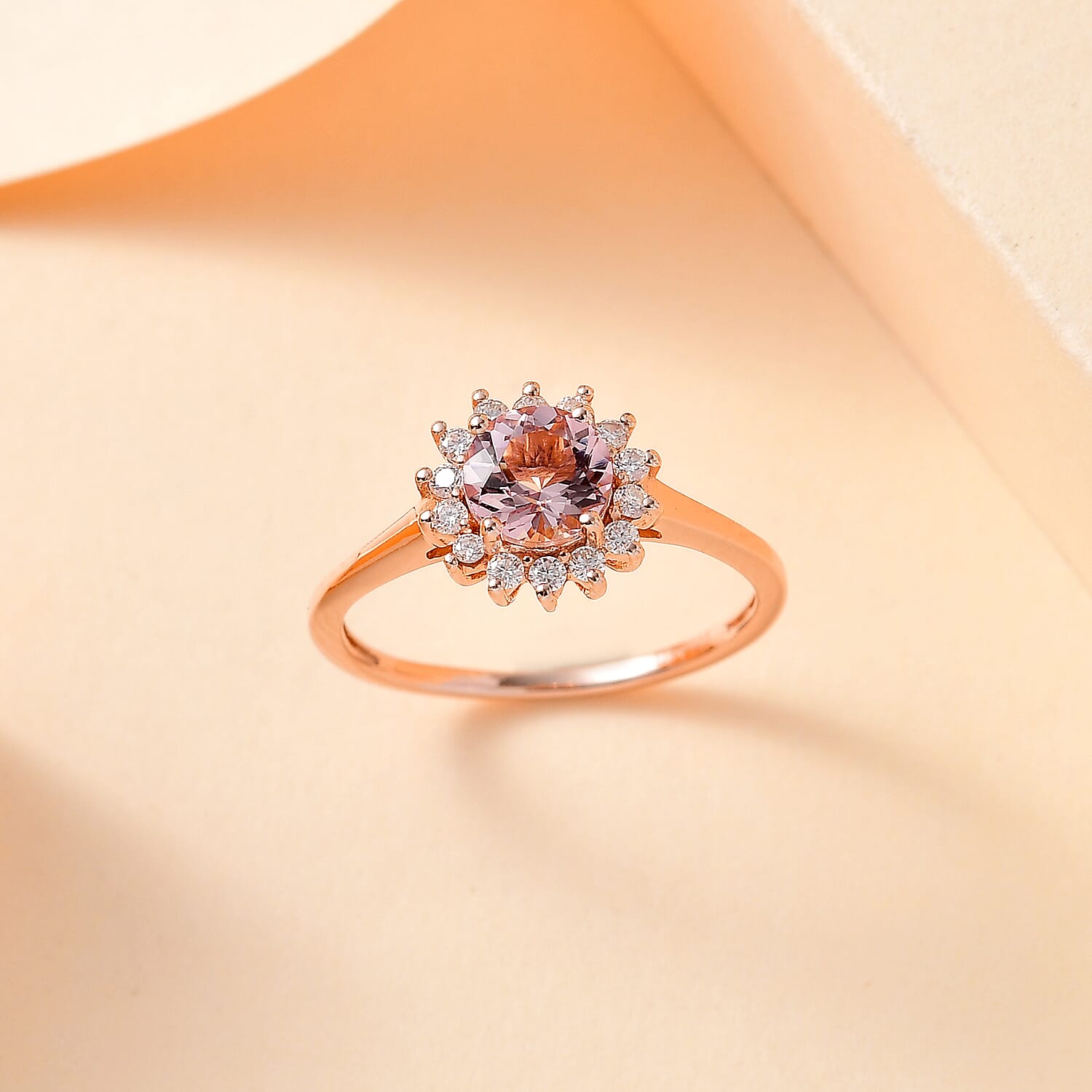 Premium Pink Morganite and Moissanite Sunburst Ring in Vermeil Rose Gold Over Sterling Silver (Size 10.0) 1.10 ctw