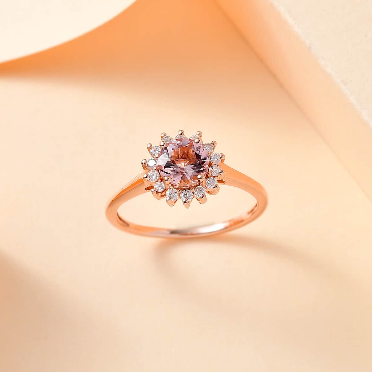 Premium Pink Morganite and Moissanite Sun Burst Ring in Vermeil Rose Gold Over Sterling Silver 1.10 ctw (Del. in 8-10 Days) image number 1