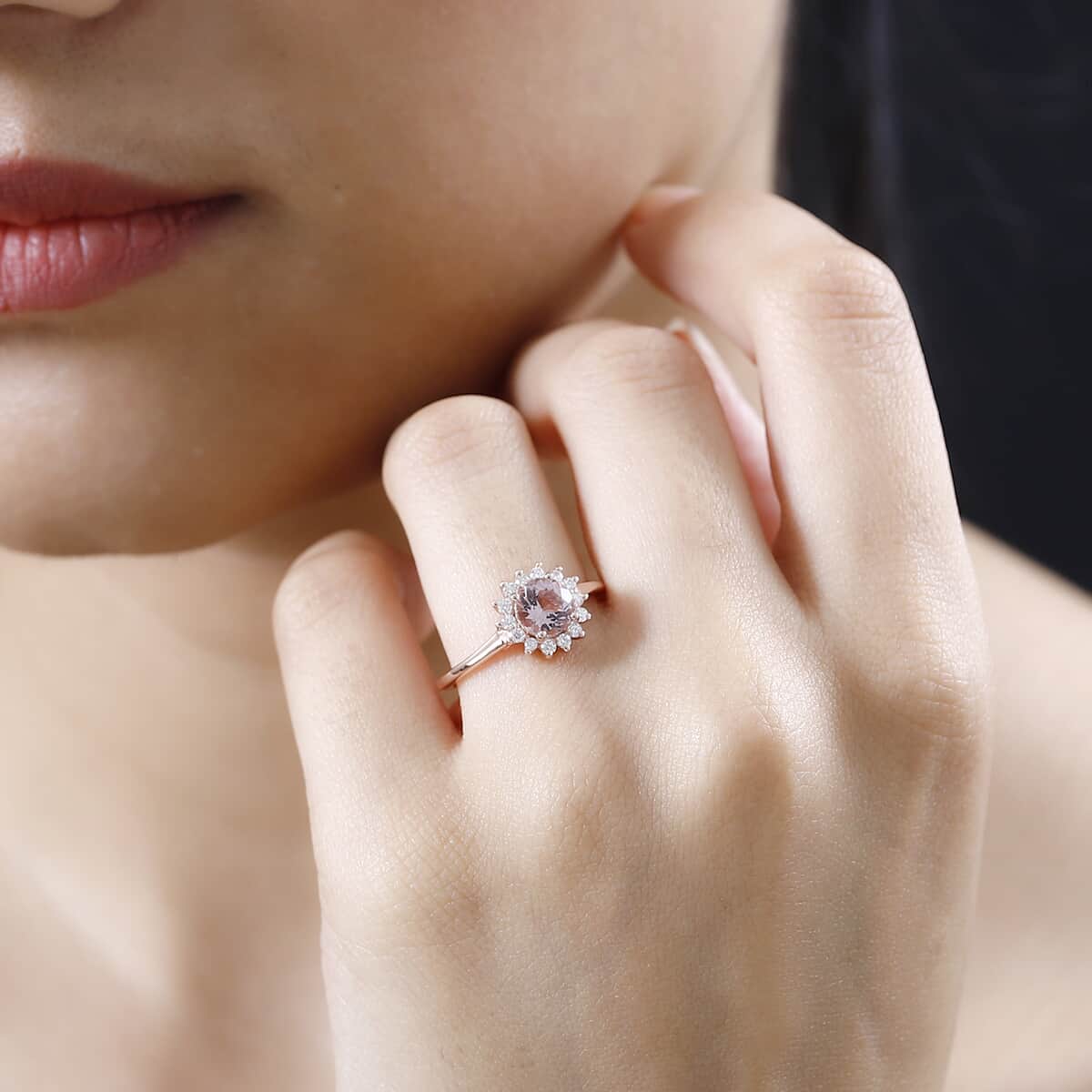 Premium Pink Morganite and Moissanite Sun Burst Ring in Vermeil Rose Gold Over Sterling Silver 1.10 ctw (Del. in 8-10 Days) image number 2