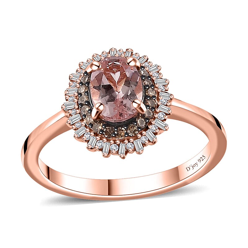 Premium Pink Morganite, Natural Champagne and White Diamond Starburst Ring in Vermeil Rose Gold Over Sterling Silver (Size 10.0) (Del. in 10-12 Days) 1.00 ctw