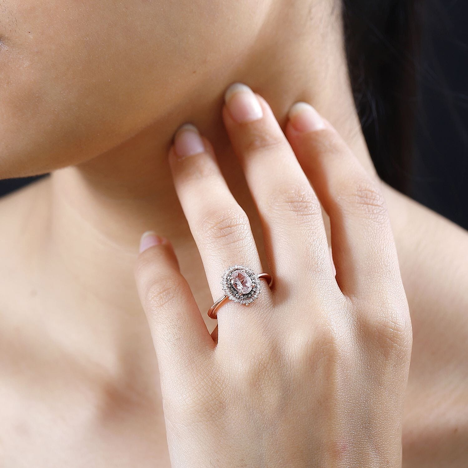 Premium Pink Morganite, Natural Champagne and White Diamond Starburst Ring in Vermeil Rose Gold Over Sterling Silver (Size 10.0) (Del. in 10-12 Days) 1.00 ctw