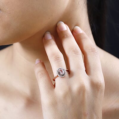 Premium Pink Morganite, Natural Champagne and White Diamond Starburst Ring in Vermeil Rose Gold Over Sterling Silver (Size 10.0) (Del. in 10-12 Days) 1.00 ctw