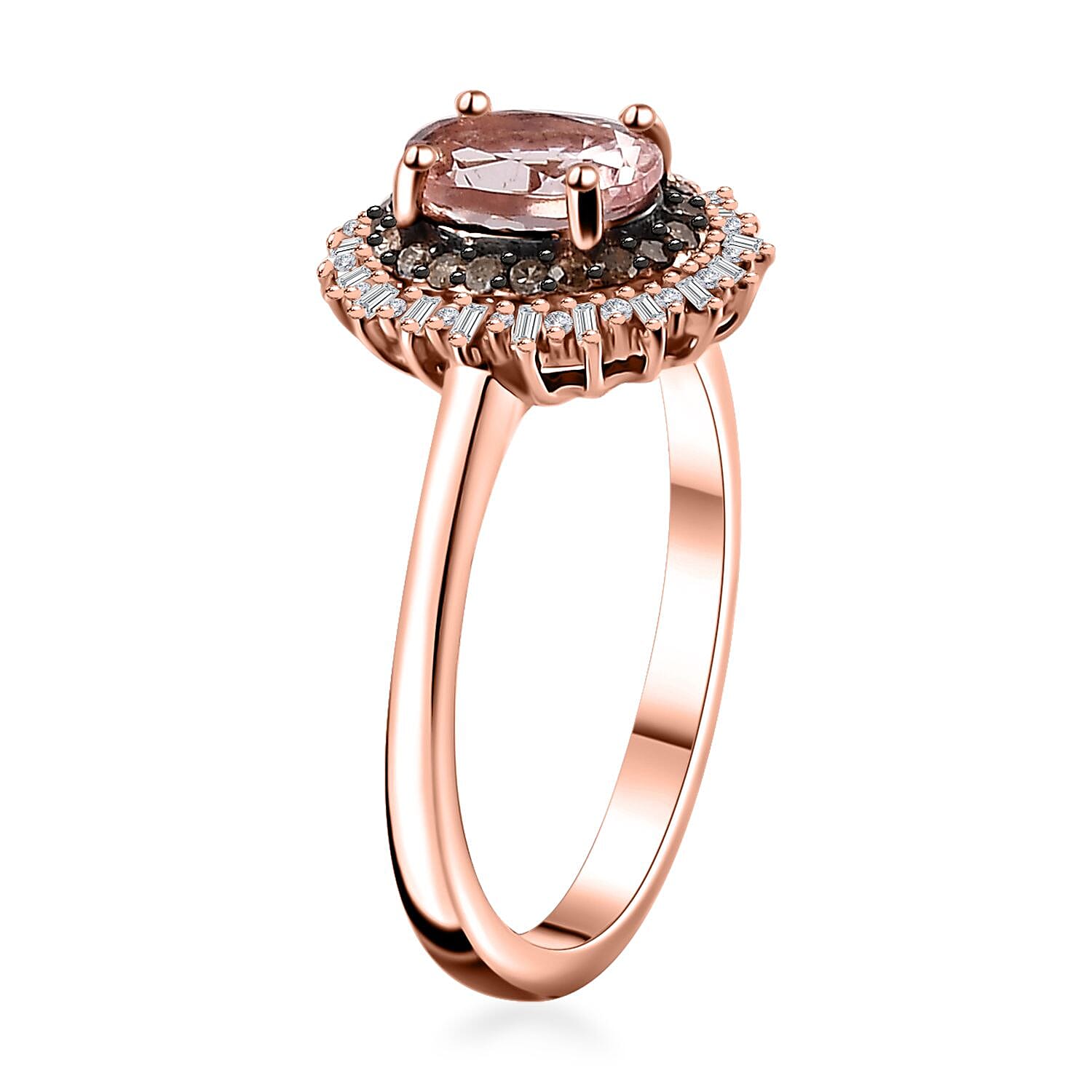 Premium Pink Morganite, Natural Champagne and White Diamond Starburst Ring in Vermeil Rose Gold Over Sterling Silver (Size 10.0) (Del. in 10-12 Days) 1.00 ctw