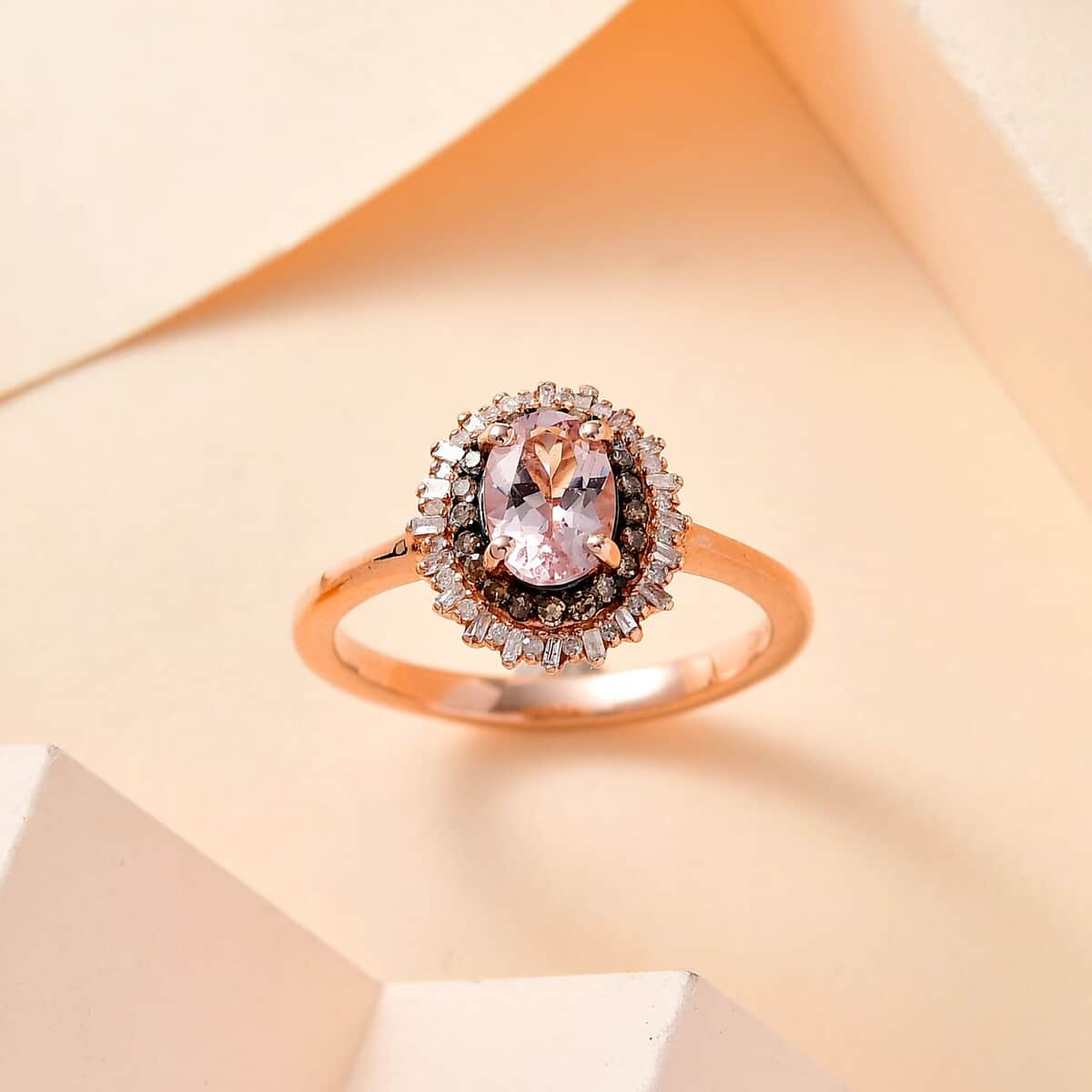 Premium Pink Morganite, Natural Champagne and White Diamond Starburst Ring in Vermeil Rose Gold Over Sterling Silver (Size 5.0) 1.00 ctw image number 1