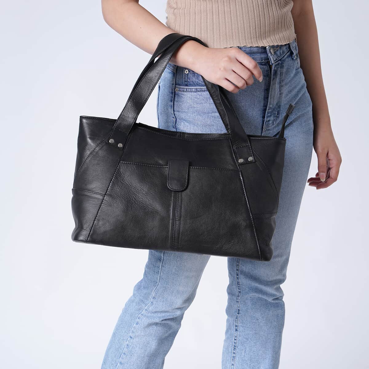 Black Genuine Leather Tote Bag image number 2