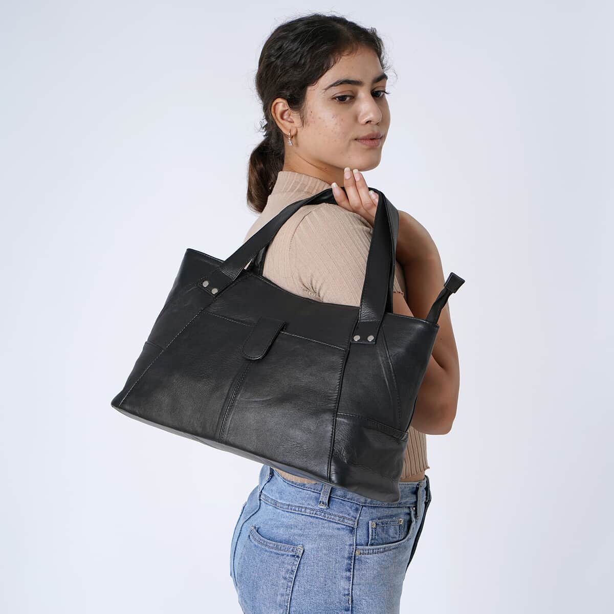 Black Genuine Leather Tote Bag image number 3