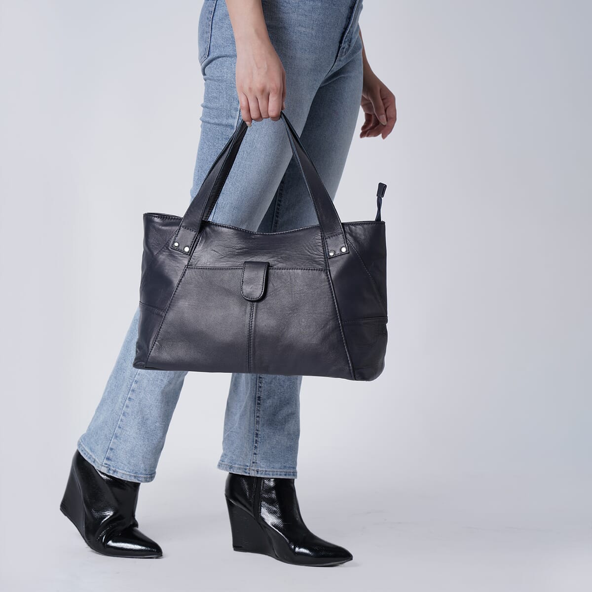 Navy Genuine Leather Tote Bag image number 1