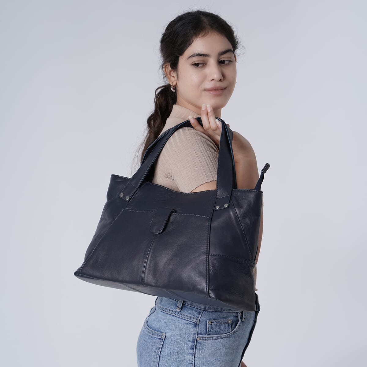 Navy Genuine Leather Tote Bag image number 3