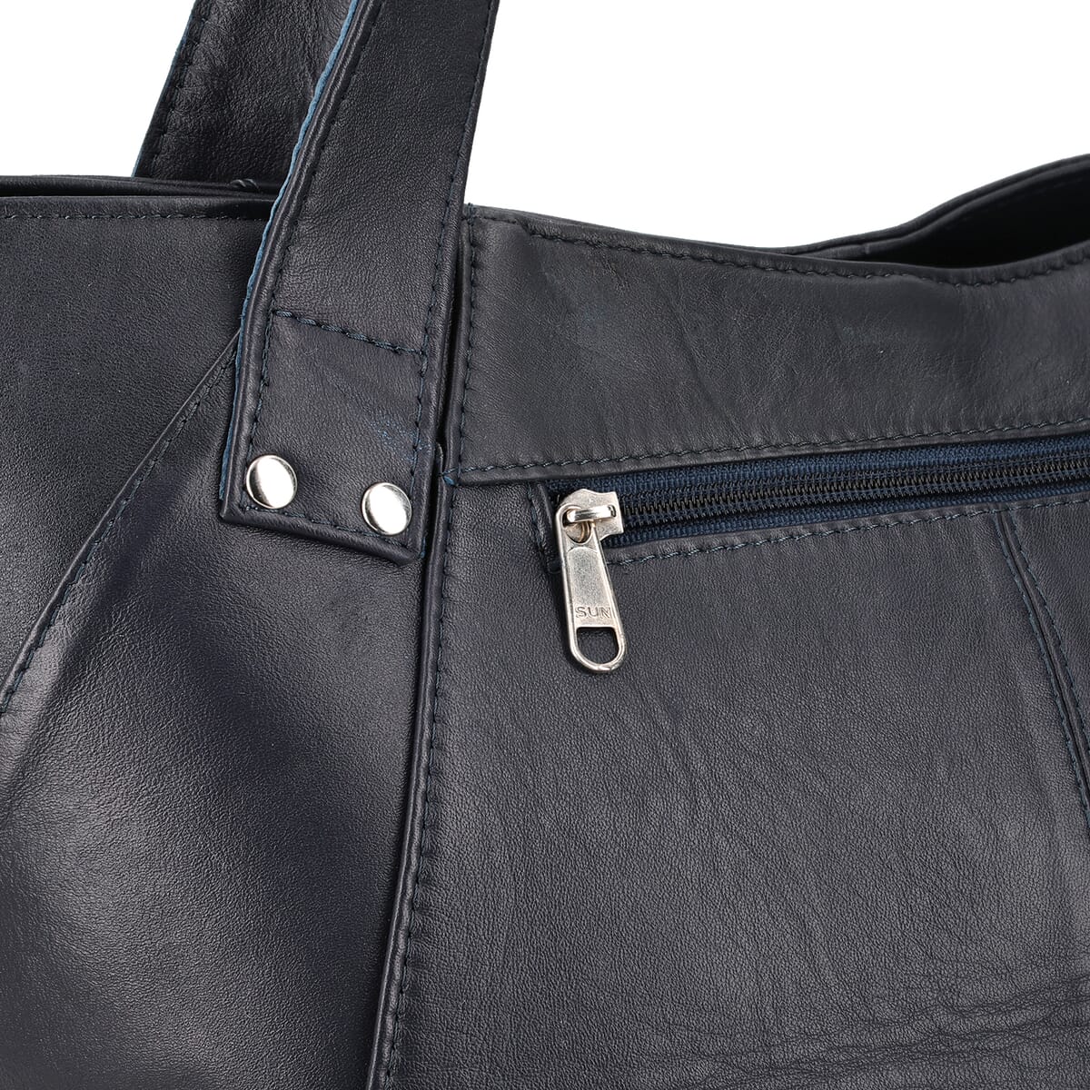 Navy Genuine Leather Tote Bag image number 5