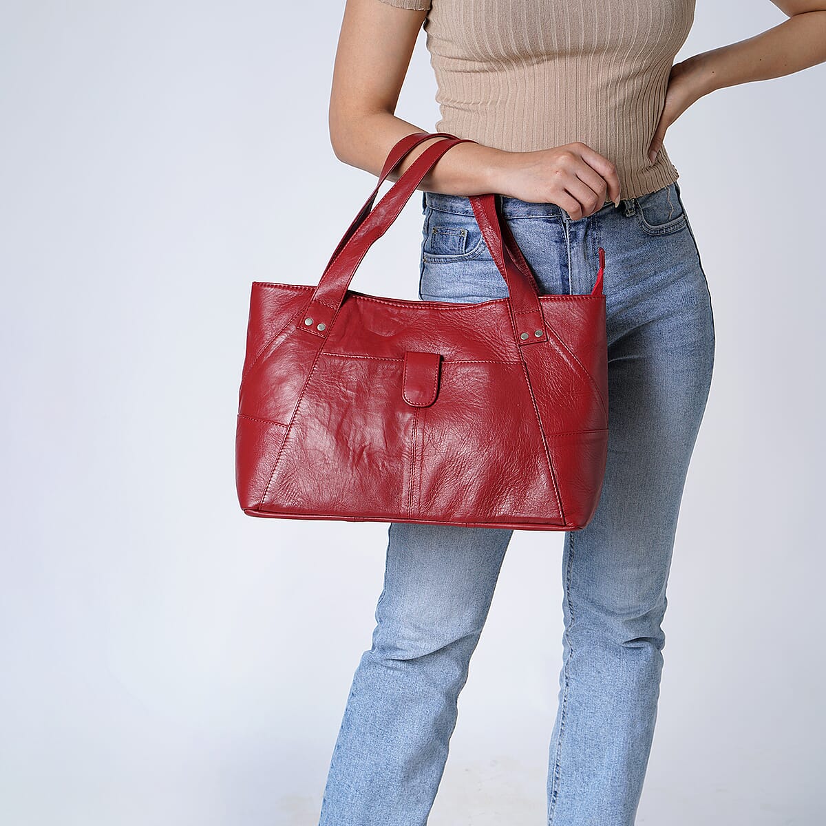 Red Genuine Leather Tote Bag image number 1
