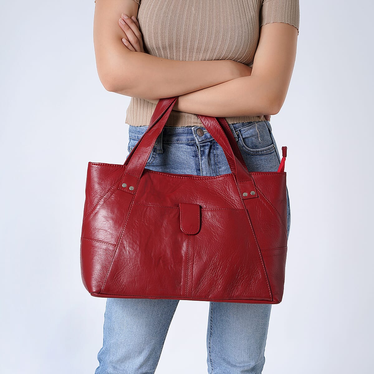 Red Genuine Leather Tote Bag image number 2