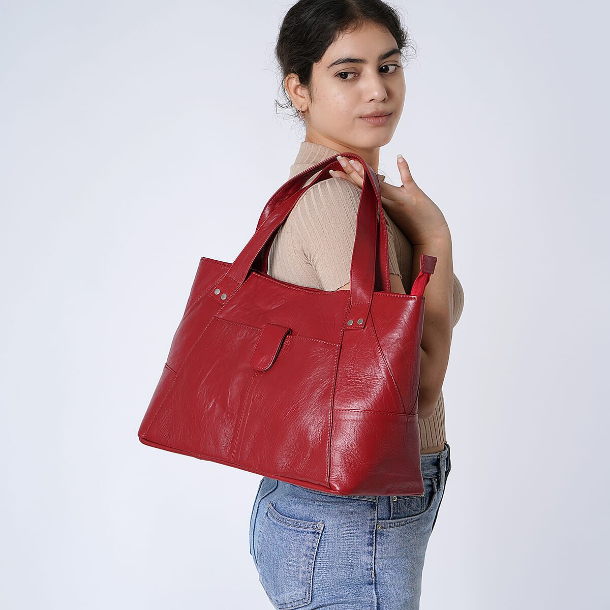 Red Genuine Leather Tote Bag image number 3