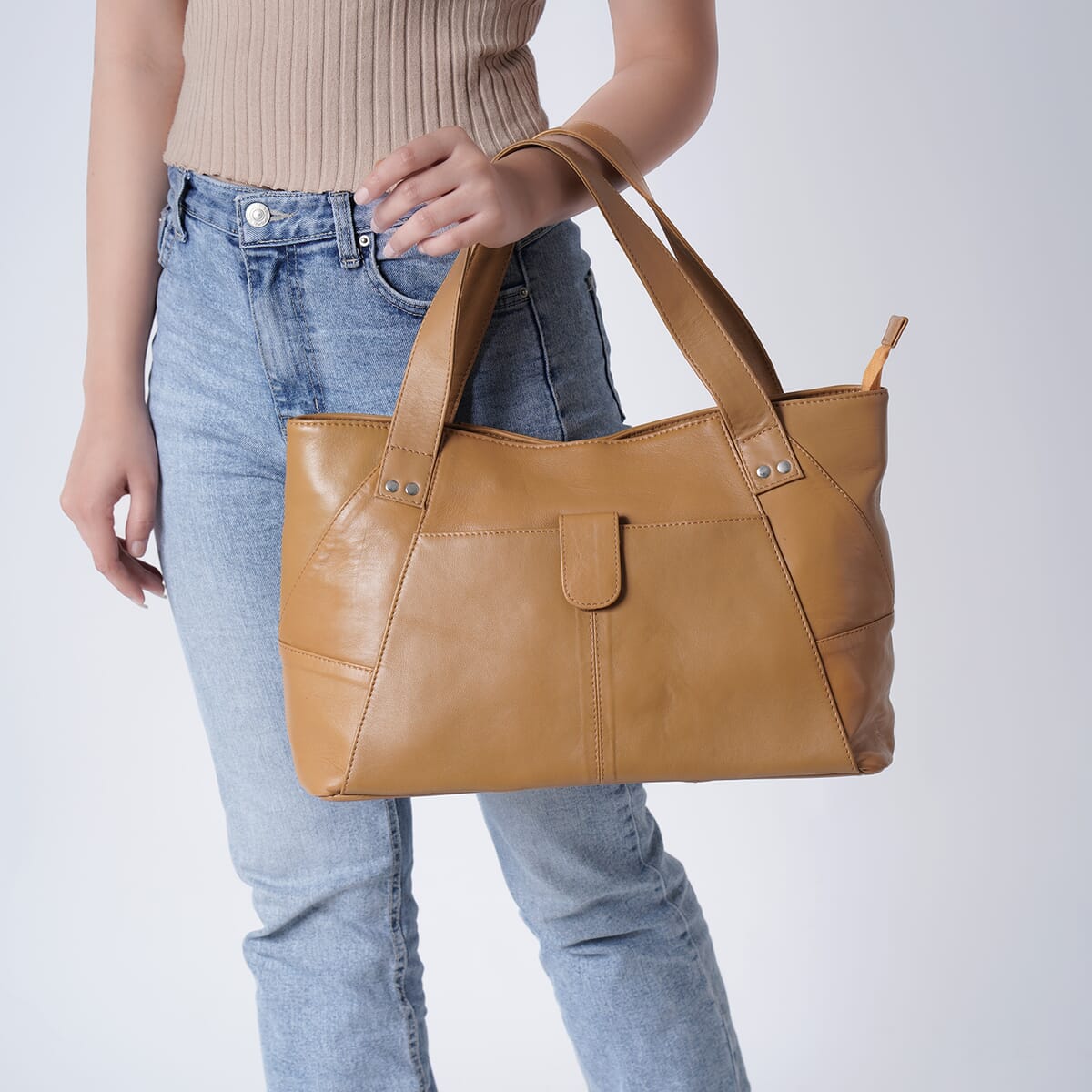 Tan Genuine Leather Tote Bag image number 2