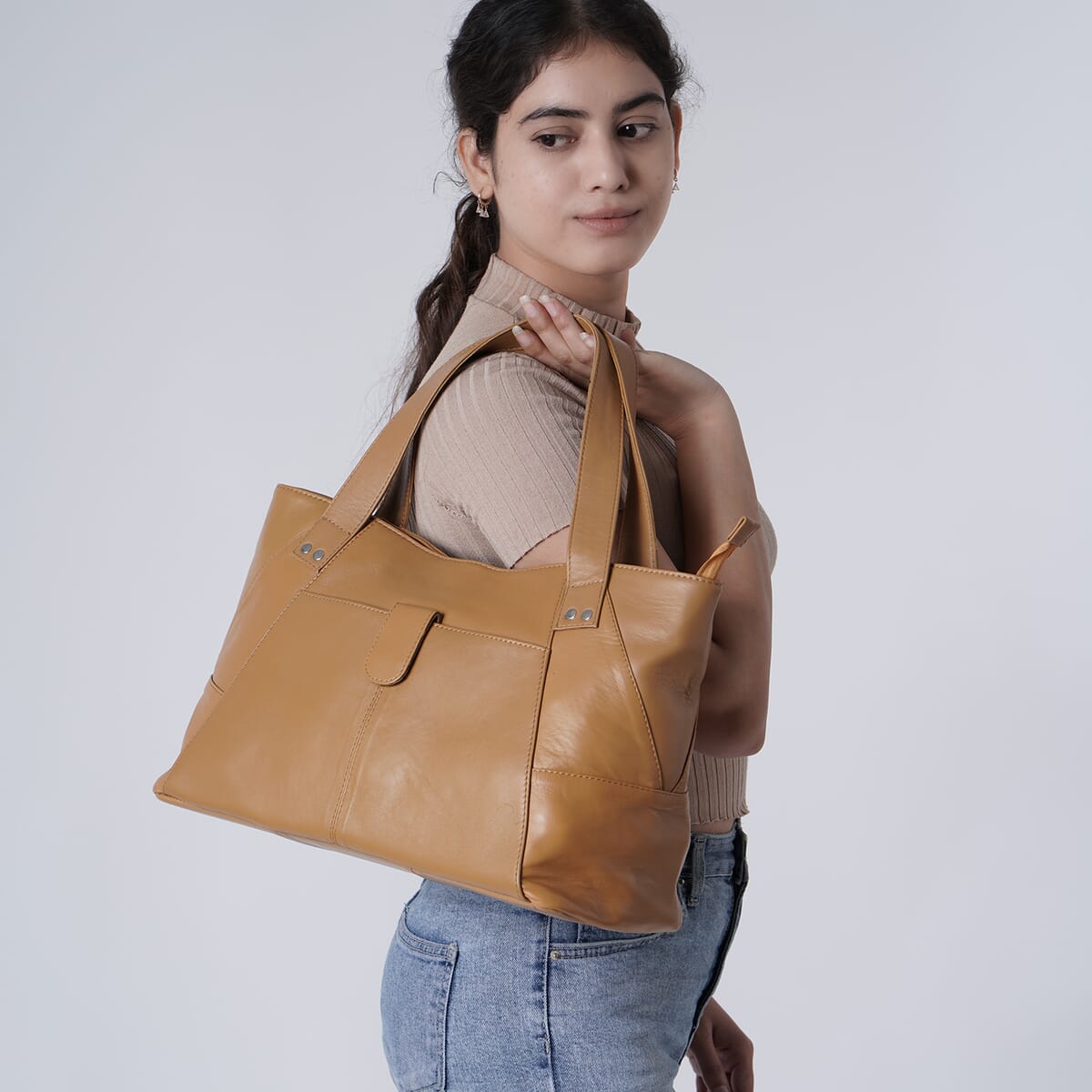 Tan Genuine Leather Tote Bag image number 3