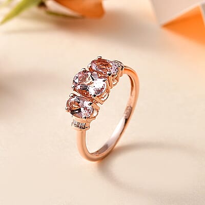 Premium Pink Morganite and Diamond 3 Stone Ring in Vermeil Rose Gold Over Sterling Silver (Size 10.0) 1.50 ctw