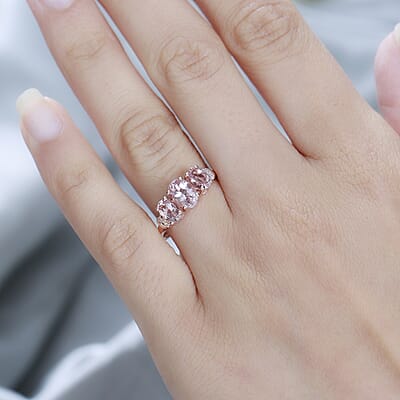 Premium Pink Morganite and Diamond 3 Stone Ring in Vermeil Rose Gold Over Sterling Silver (Size 10.0) 1.50 ctw
