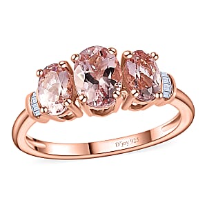 Premium Pink Morganite and Diamond 3 Stone Ring in Vermeil Rose Gold Over Sterling Silver (Size 6.0) 1.50 ctw