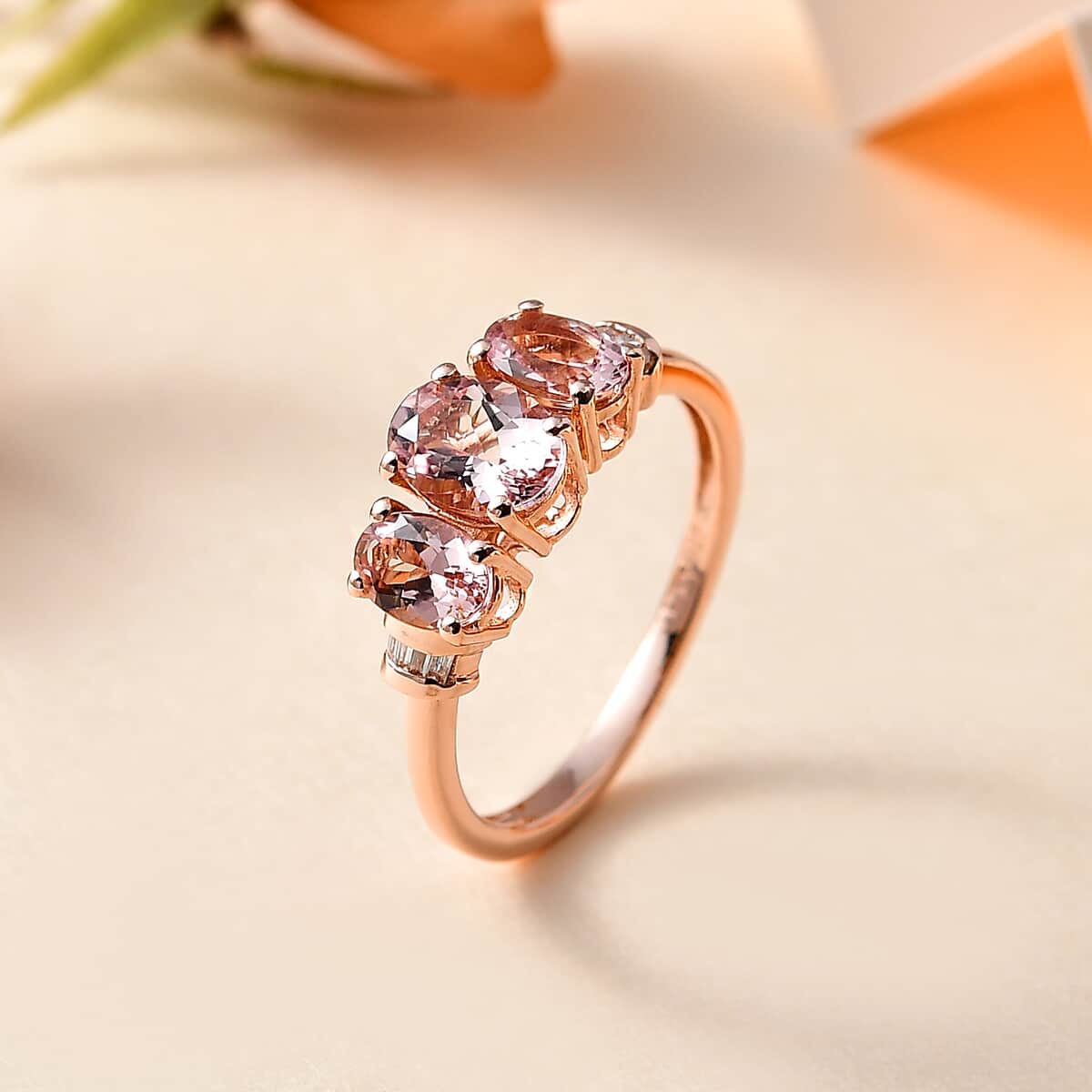 Premium Pink Morganite and Diamond 3 Stone Ring in Vermeil Rose Gold Over Sterling Silver (Size 7.0) 1.50 ctw image number 1