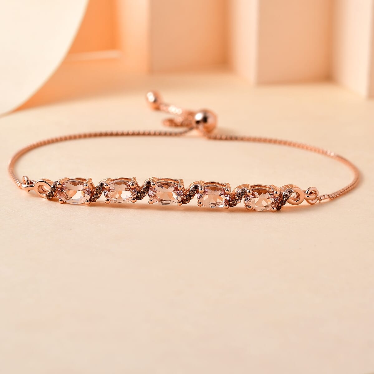 Premium Pink Morganite and Champagne Zircon Bolo Bracelet in Vermeil Rose Gold Over Sterling Silver 2.30 ctw image number 1