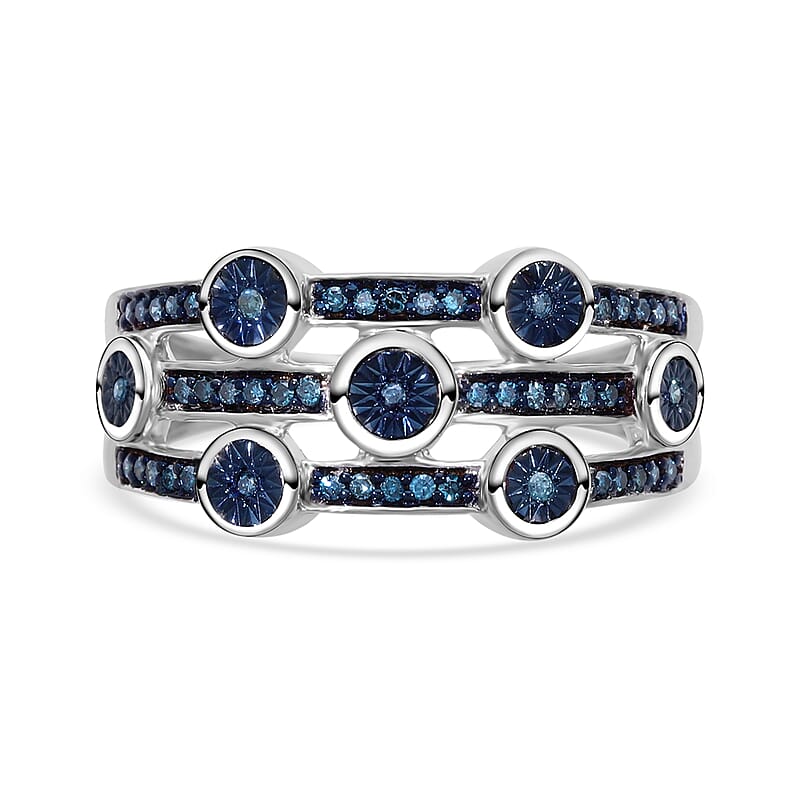  Blue Diamond 3 Row Ring in Platinum Over Sterling Silver (Size 10.0) 0.20 ctw