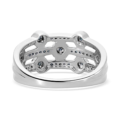  Blue Diamond 3 Row Ring in Platinum Over Sterling Silver (Size 10.0) 0.20 ctw