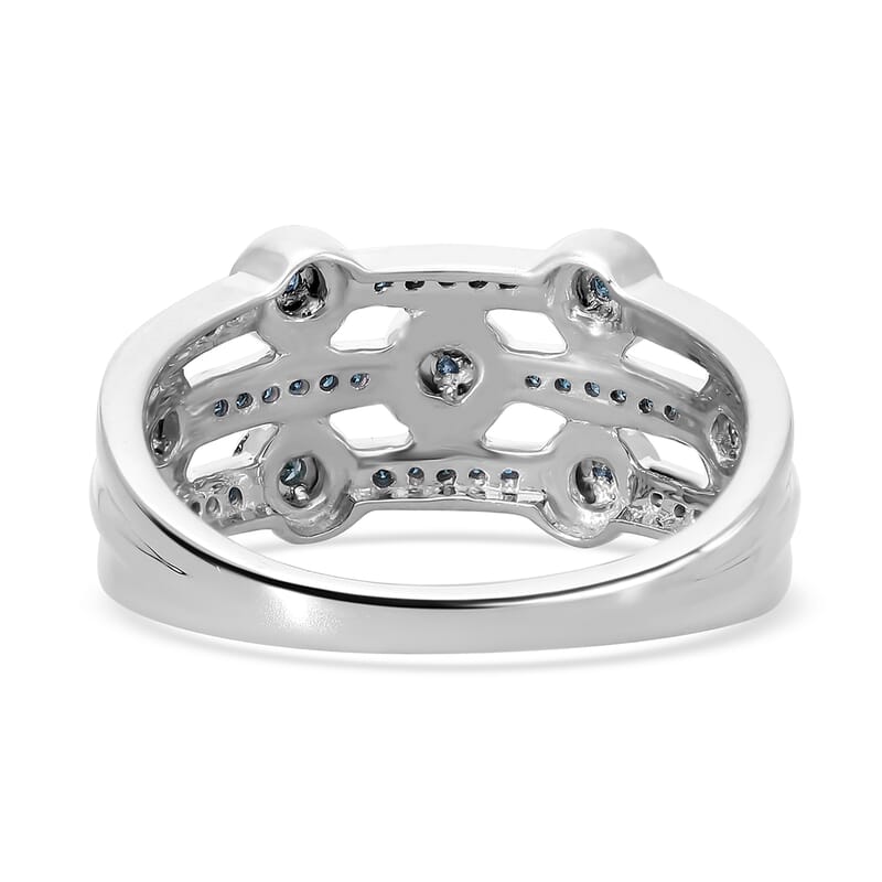  Blue Diamond 3 Row Ring in Platinum Over Sterling Silver (Size 10.0) 0.20 ctw