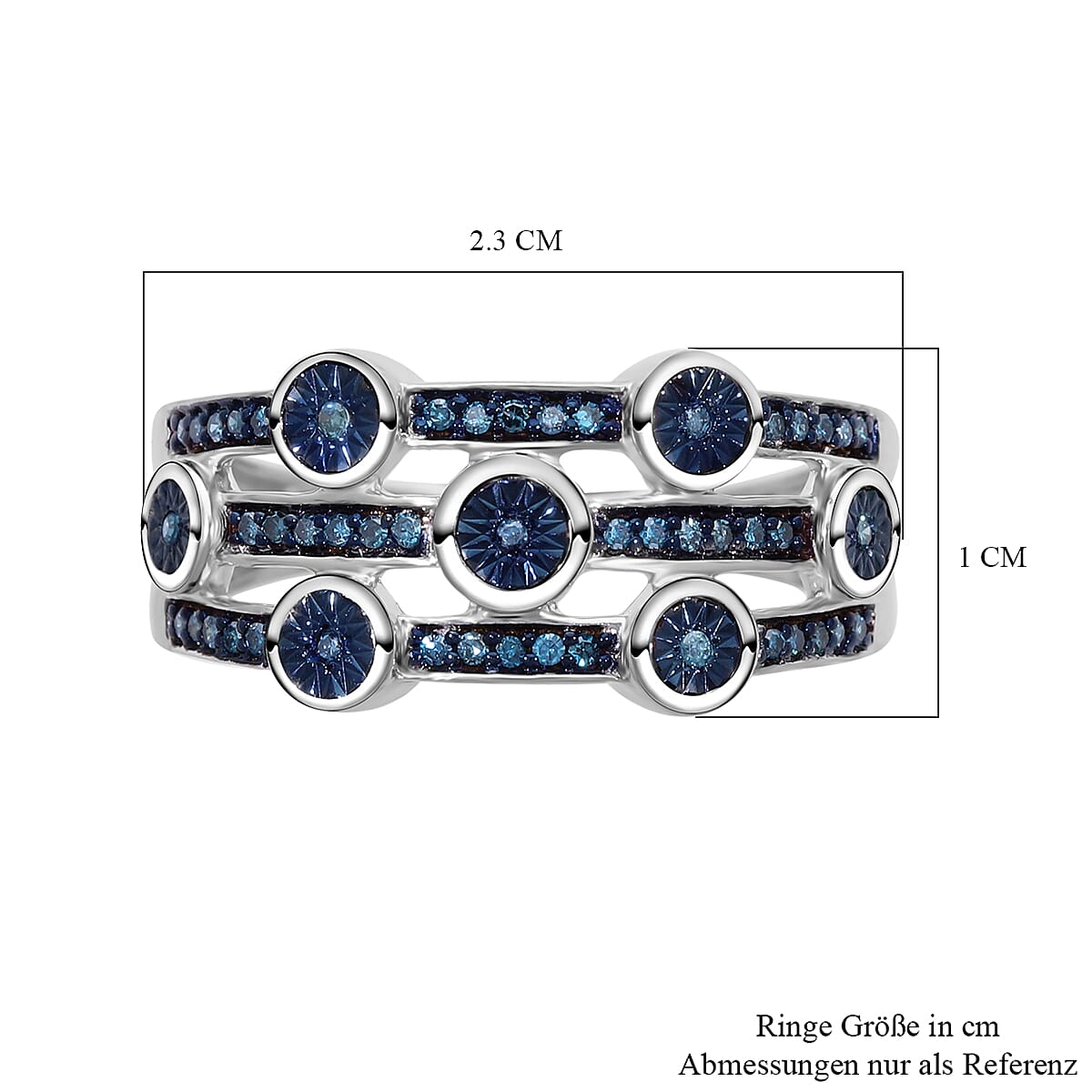  Blue Diamond 3 Row Ring in Platinum Over Sterling Silver (Size 10.0) 0.20 ctw