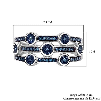  Blue Diamond 3 Row Ring in Platinum Over Sterling Silver (Size 10.0) 0.20 ctw