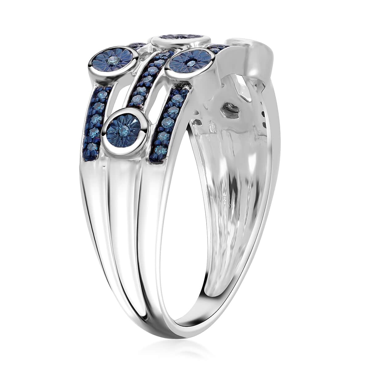 Blue Diamond 3 Row Ring in Platinum Over Sterling Silver (Size 6.0) 0.20 ctw image number 3