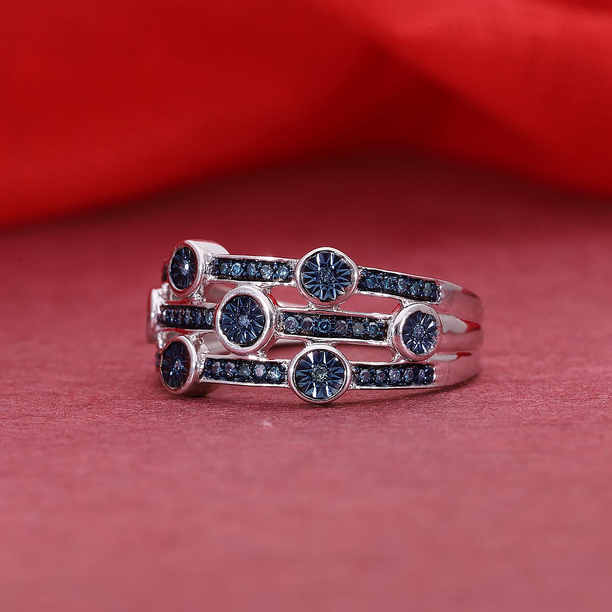 Blue Diamond 3 Row Ring in Platinum Over Sterling Silver (Size 9.0) 0.20 ctw image number 1