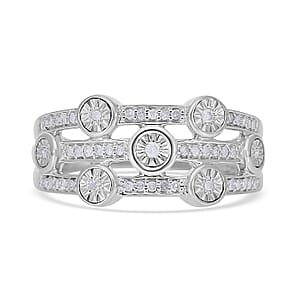 Diamond 3 Row Ring in Platinum Over Sterling Silver (Size 7.0) 0.20 ctw