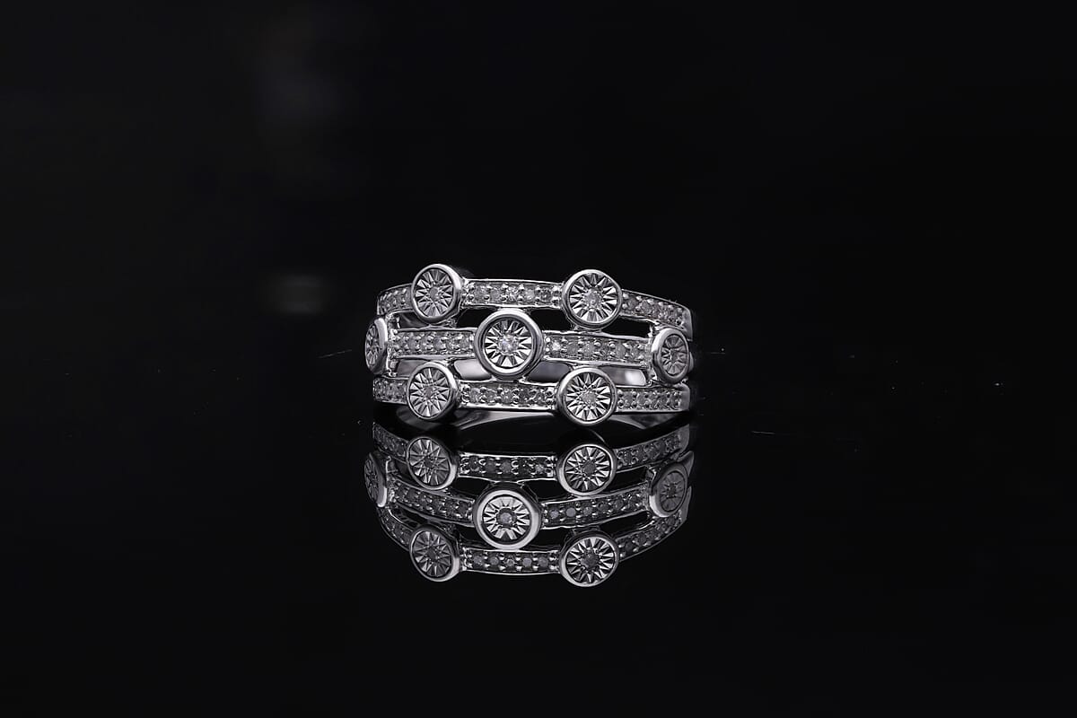 Diamond 3 Row Ring in Platinum Over Sterling Silver (Size 7.0) 0.20 ctw image number 1