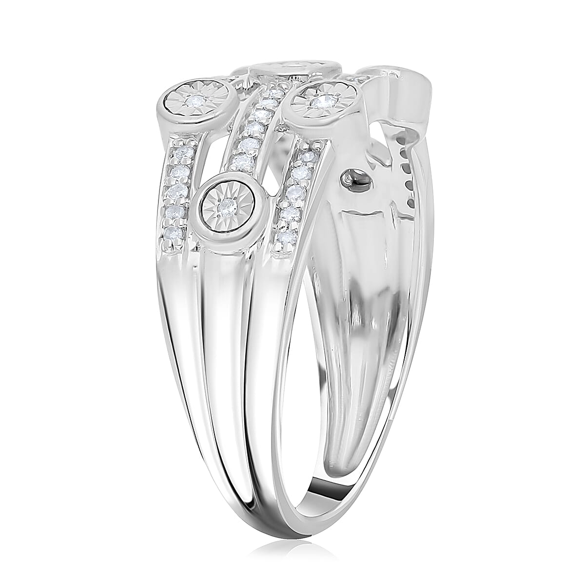 Diamond 3 Row Ring in Platinum Over Sterling Silver (Size 7.0) 0.20 ctw image number 3