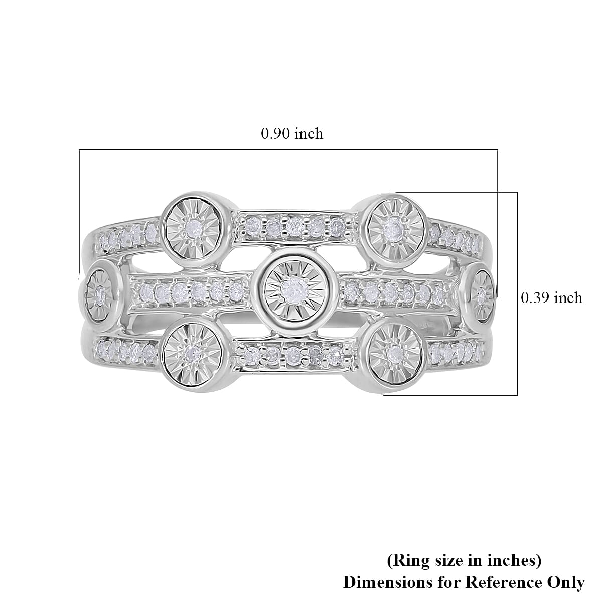 Diamond 3 Row Ring in Platinum Over Sterling Silver (Size 7.0) 0.20 ctw image number 5