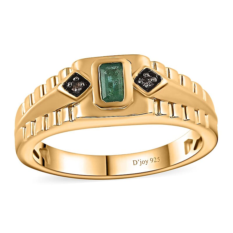 AAA Kagem Zambian Emerald and Natural Champagne Diamond Men's Ring in Vermeil Yellow Gold Over Sterling Silver (Size 10.0) 0.30 ctw